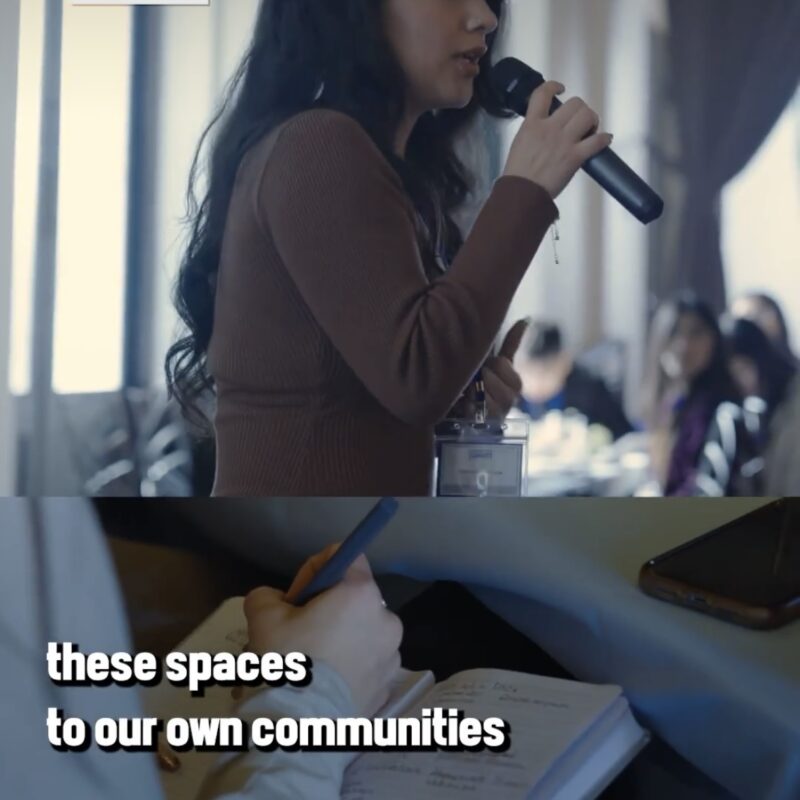 The image shows a split screen of woman speaking into a microphone and underneath is someone writing into a journal