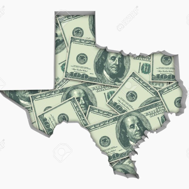 This image is of $100 bills in the shape of the state of Texas.