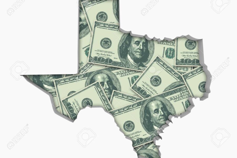 This image is of $100 bills in the shape of the state of Texas.
