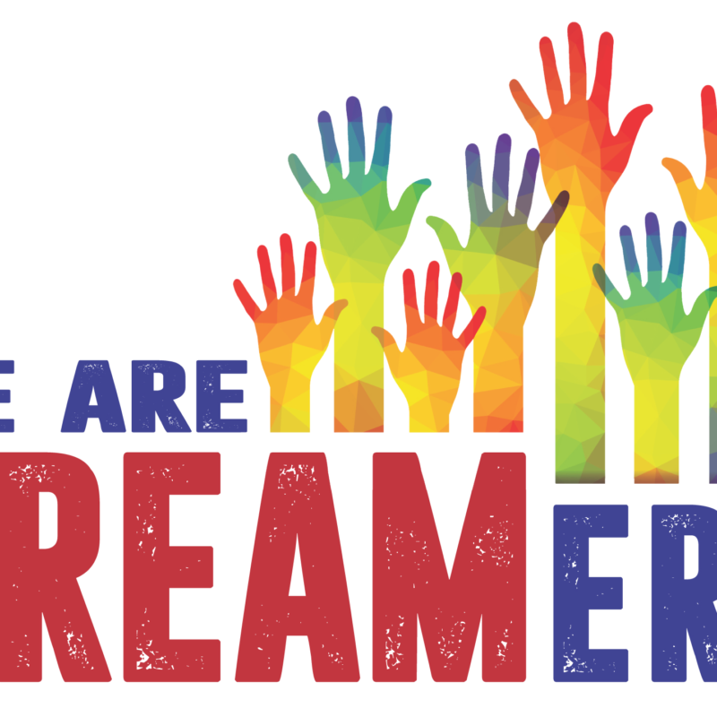 This image is of rainbow colored hands and it reads, "We Are Dreamers"